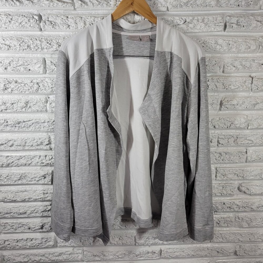 Chico's XL Gray Cardigan Sweatshirt Open Front Solid Knit Rayon Spandex SWE60E‎